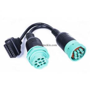 Green Type 2 J1939 9pin Female to OBD2 and to nut J1939 Male Splitter Y Cable for Truck Freightliner GPS ELD Tracker Moulded Type 30cm