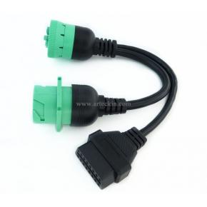 ARTECKIN Green Type 2 J1939 9pin Female to OBD2 and to J1939 Male Splitter Y Cable for Truck Freightliner GPS ELD Tracker