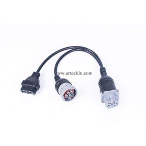 J1708 6pin Female to OBD2 and to uut J1708 6pin Male Splitter Y Cable for Truck Freightliner GPS ELD Tracker Moulded Type